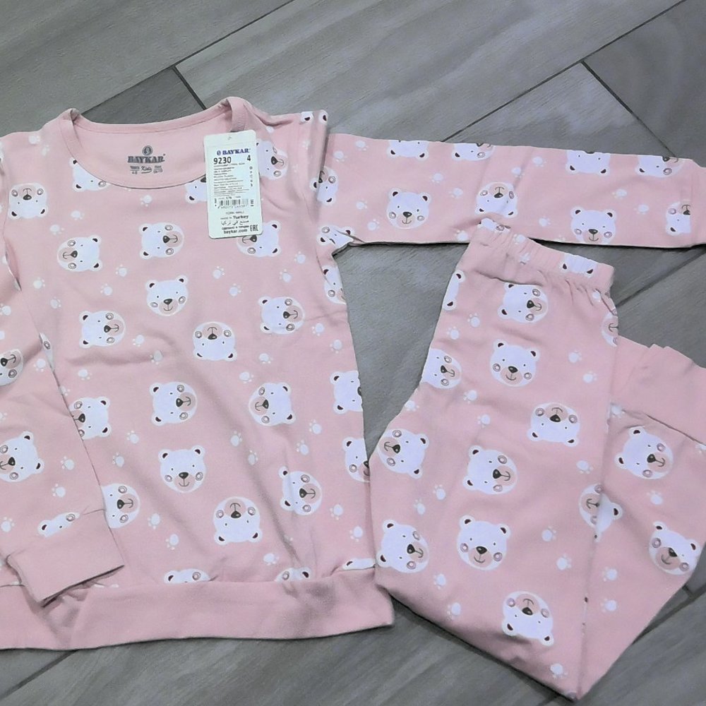 Girls Light Pink Teddybear Long Sleeves Pajama Set